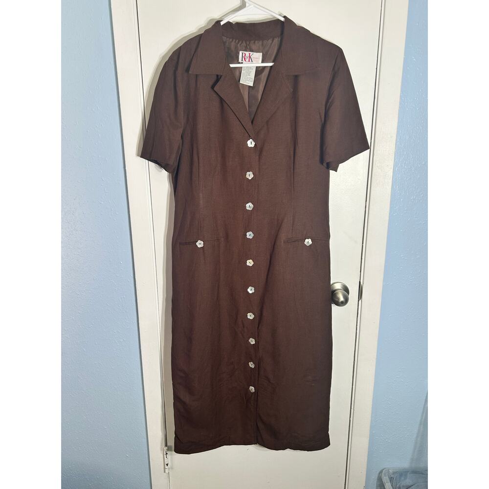 VTG Brown Linen Dress Size 12 Flower Buttons Minimalists Summer Lagenlook